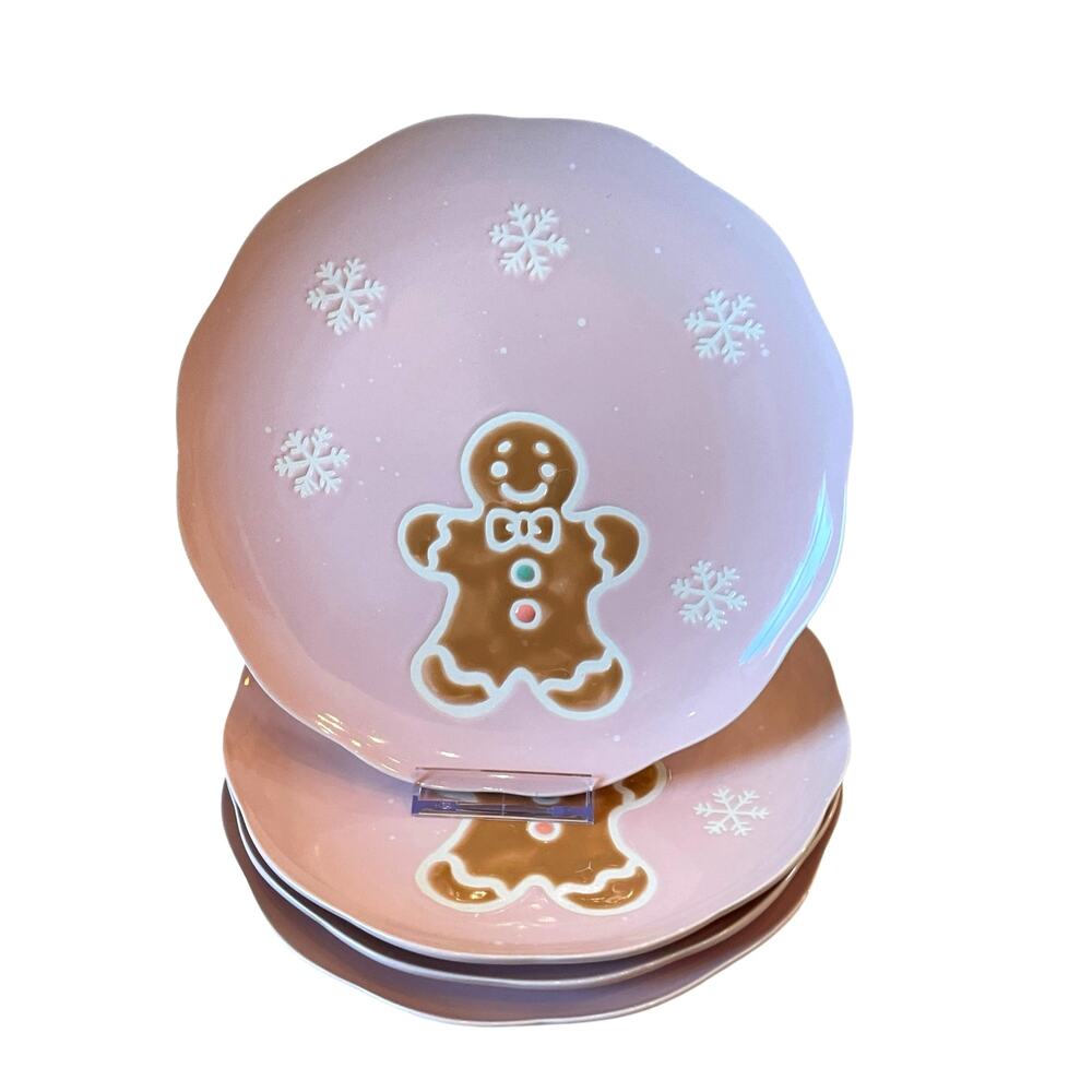 (4) Eli + Ana PINK GINGERBREAD HOUSE Salad Plates 8.5in Ceramic Christmas NEW